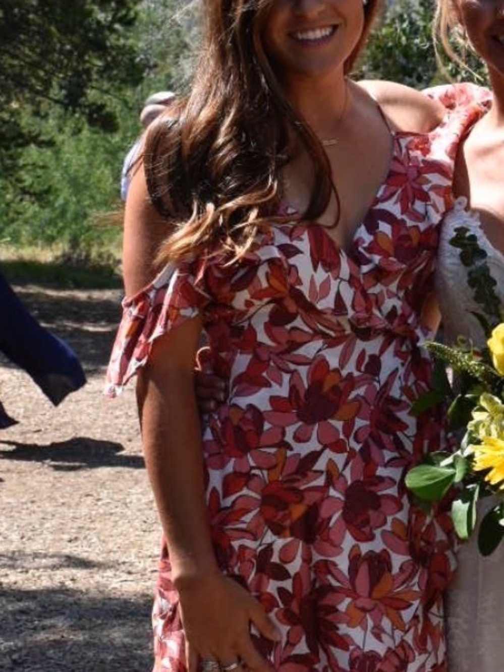 Rust & Pink Floral Cold-Shoulder Maxi Dress